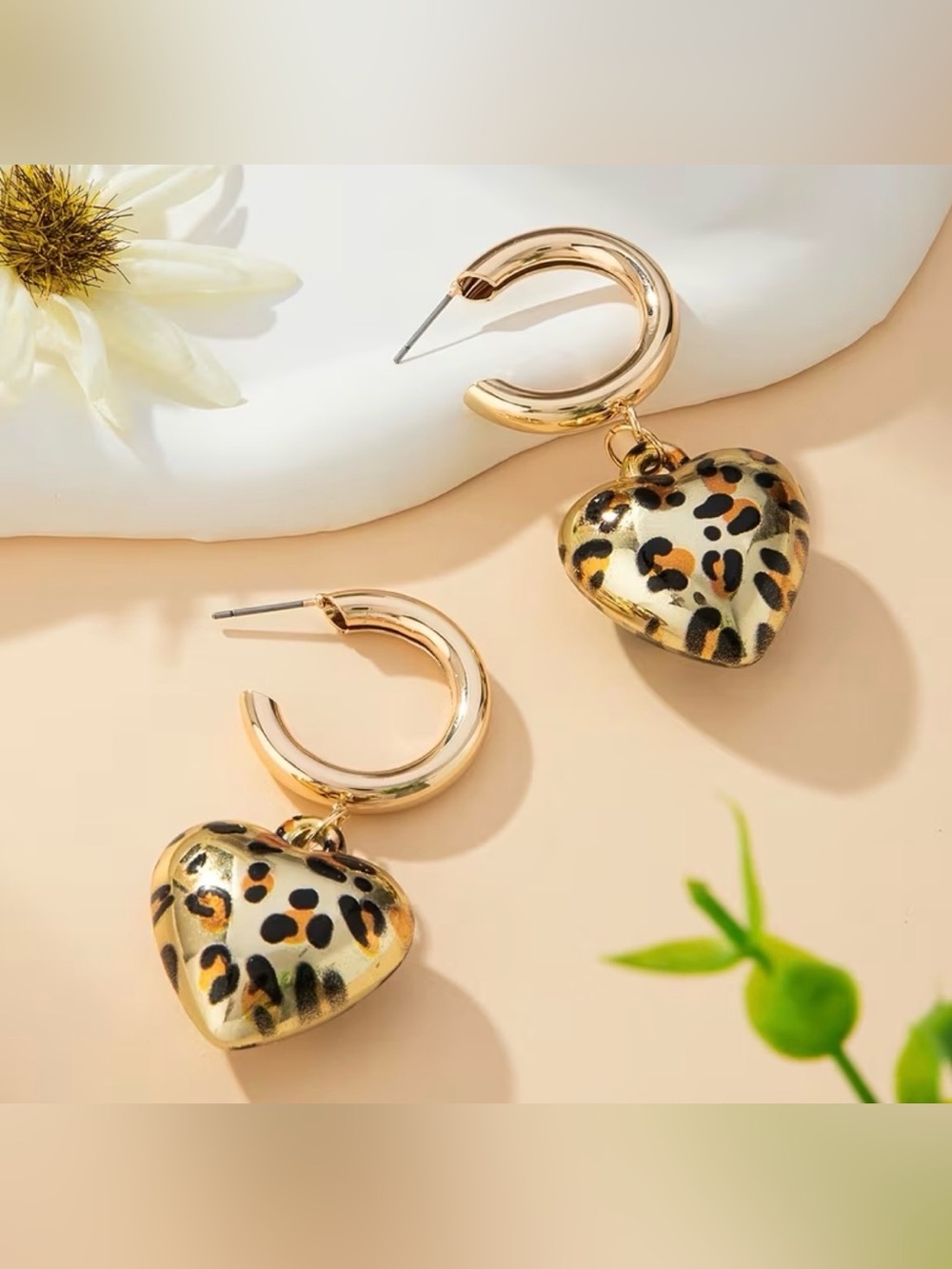 Gold Tone Hoop Earrings with Leopard Heart Charms Dangles NIP